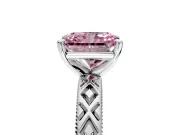 Solitaire Engagement Ring Setting for Fancy Pink Radiant Cut Center with Milgrain X Pattern Band and Prong Head in White Gold