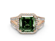Halo Engagement Ring Setting for Fancy Green Asscher Cut Center with Narrow Pave Split Shank and Prong Head in Rose Gold