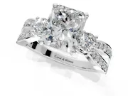 3 Stone Engagement Ring Setting for Radiant Cut Center with Pave Twist Band and Prong Head in White Gold