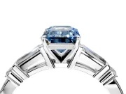 Bar-Set Engagement Ring Setting for Fancy Blue Emerald Cut Center with Tapered Baguette Accents and Prong Head in White Gold