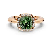 Halo Engagement Ring Setting for Fancy Green Cushion Cut Center with Tapered Plain Band and Prong Head in Rose Gold