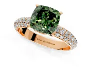 Solitaire Engagement Ring Setting for Fancy Green Cushion Cut Center with Domed Multi-Row Pave Band and Prong Head in Rose Gold