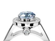 Halo Engagement Ring Setting for Fancy Blue Oval Center with Outer Bezel Rim, Pave Band and Prong Head in Platinum
