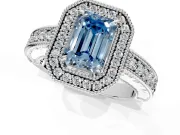 Milgrain Halo Engagement Ring Setting for Fancy Blue Emerald Cut Center with Pave Band and Prong Head in Platinum