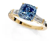 Bar-Set Engagement Ring Setting for Fancy Blue Cushion Cut Center with Tapered Baguette Accents and Prong Head in Yellow Gold
