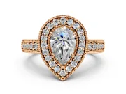 Milgrain Halo Engagement Ring Setting for Pear-Shaped Center with Pave Band and Prong Head in Rose Gold