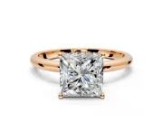 Hidden Halo Engagement Ring Setting for Princess Cut Center with Thin Round-Wire Band and Prong Head in Rose Gold
