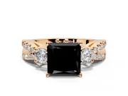 3 Stone Engagement Ring Setting for Fancy Black Princess Cut Center with Pave Split Shank and Prong Head in Rose Gold