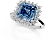Starburst Halo Engagement Ring Setting for Fancy Blue Asscher Cut Center with Thin Round-Wire Band and Prong Head in Sterling Silver