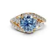 Halo Engagement Ring Setting for Fancy Blue Round Cut Center with Marquise and Pave Bypass Band and Prong Head in Yellow Gold
