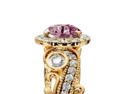 Milgrain Halo Engagement Ring Setting for Fancy Pink Round Cut Center with Shoulder Bezels and Prong Head in Yellow Gold