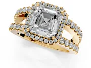 Halo Engagement Ring Setting for Asscher Cut Center with Wide-Open Pave Split Shank and Prong Head in Yellow Gold
