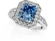 Bezel-Framed Halo Engagement Ring Setting for Fancy Blue Radiant Cut Center with Pave Band and Prong Head in White Gold