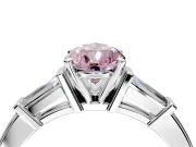 3 Stone Engagement Ring Setting for Fancy Pink Pear-Shaped Center with Channel Baguette Accents and Prong Head in Platinum