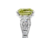 3 Stone Engagement Ring Setting for Fancy Yellow Asscher Cut Center with Crossover Basket, Pave Band and Prong Head in Platinum