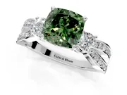 3 Stone Engagement Ring Setting for Fancy Green Cushion Cut Center with Pave Twist Band and Prong Head in White Gold