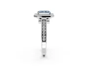 Halo Engagement Ring Setting for Fancy Blue Radiant Cut Center with Outer Bezel Rim, Pave Band and Prong Head in White Gold