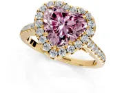 Halo Engagement Ring Setting for Fancy Pink Heart-Shaped Center with Narrowing Pave Band and Prong Head in Yellow Gold