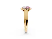 Halo Engagement Ring Setting for Fancy Pink Oval Center with Knife Ridge Cathedral Band and Prong Head in Yellow Gold