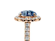 Halo Engagement Ring Setting for Fancy Blue Round Cut Center with Narrowing Pave Band and Prong Head in Rose Gold