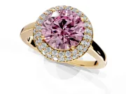 Halo Engagement Ring Setting for Fancy Pink Round Cut Center with Plain Tapered Band and Prong Head in Yellow Gold