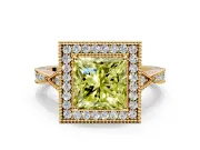 Halo Engagement Ring Setting for Fancy Yellow Princess Cut Center with Milgrain Rim, Pave Band and Prong Head in Yellow Gold