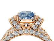 Pave Engagement Ring Setting for Fancy Blue Cushion Cut Center with Curved Accent Rows, Openwork and Prong Head in Rose Gold
