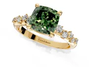 Solitaire Engagement Ring Setting for Fancy Green Cushion Cut Center with Trailing Leaf Accent Band and Prong Head in Yellow Gold