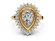 Halo Engagement Ring Setting for Pear-Shaped Center with Milgrain Bezel Rim, Plain Band and Prong Head in Yellow Gold