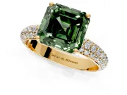 Solitaire Engagement Ring Setting for Fancy Green Asscher Cut Center with Domed Multi-Row Pave Band and Prong Head in Yellow Gold