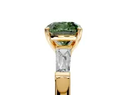 3 Stone Engagement Ring Setting for Fancy Green Cushion Cut Center with Tapered Baguettes, Plain Band and Prong Head in Yellow Gold