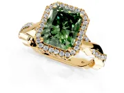 Halo Engagement Ring Setting for Fancy Green Radiant Cut Center with Pave and Plain Twist Band and Prong Head in Yellow Gold