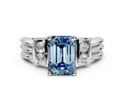 Solitaire Engagement Ring Setting for Fancy Blue Emerald Cut Center with Grooved Bar Accent Band and Prong Head in Sterling Silver