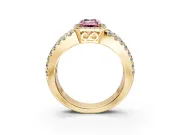 Halo Engagement Ring Setting for Fancy Pink Emerald Cut Center with Wide-Open Pave Split Shank and Prong Head in Yellow Gold