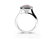 Halo Engagement Ring Setting for Fancy Pink Radiant Cut Center with Milgrain Frame, Pave Band and Prong Head in White Gold
