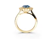 Milgrain Floral Halo Engagement Ring Setting for Fancy Blue Round Cut Center with Pave Band and Prong Head in Yellow Gold