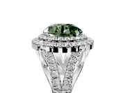 Double Halo Engagement Ring Setting for Fancy Green Round Cut Center with Narrow Pave Split Shank and Prong Head in Platinum