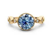 Milgrain Bezel Engagement Ring Setting for Fancy Blue Round Cut Center with Marquise Stations and Bezel Head in Yellow Gold