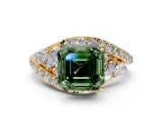 Halo Engagement Ring Setting for Fancy Green Asscher Cut Center with Marquise and Pave Bypass Band and Prong Head in Yellow Gold