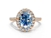 Halo Engagement Ring Setting for Fancy Blue Oval Center with Narrowing Pave Band and Prong Head in Rose Gold