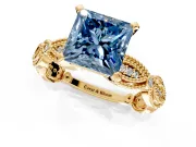 Solitaire Engagement Ring Setting for Fancy Blue Princess Cut Center with Marquise Panel Band and Prong Head in Yellow Gold