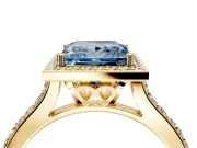 Halo Engagement Ring Setting for Fancy Blue Princess Cut Center with Pave Accents, Heart Basket and Prong Head in Yellow Gold