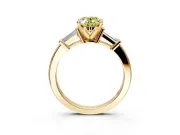 3 Stone Engagement Ring Setting for Fancy Yellow Oval Center with Channel Baguette Accents and Prong Head in Yellow Gold