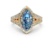 Halo Engagement Ring Setting for Fancy Blue Marquise Center with Narrow Pave Split Shank and Prong Head in Yellow Gold