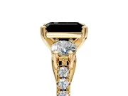 3 Stone Engagement Ring Setting for Fancy Black Emerald Cut Center with Crossover Basket, Pave Band and Prong Head in Yellow Gold