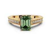 Solitaire Engagement Ring Setting for Fancy Green Emerald Cut Center with Engraved Pave Band and Prong Head in Yellow Gold
