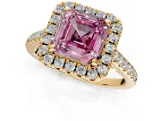 Halo Engagement Ring Setting for Fancy Pink Asscher Cut Center with Raised Halo, Pave Band and Prong Head in Yellow Gold