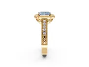 Milgrain Halo Engagement Ring Setting for Fancy Blue Radiant Cut Center with Pave Band and Prong Head in Yellow Gold