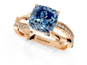Solitaire Engagement Ring Setting for Fancy Blue Cushion Cut Center with Pave and Plain Crossover Band and Prong Head in Rose Gold