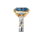Baguette Engagement Ring Setting for Fancy Blue Emerald Cut Center with Alternating Bar-Set Band and Prong Head in Yellow Gold